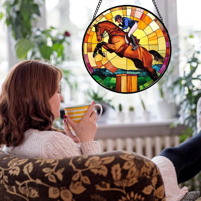 DASTOLL Stained Glass Window Hanging Equestrian Sports 7.8" - Horse Suncatcher Door Garden Sunroom Sun Catcher Home Decor Birthday Christmas for Mom Men Woman Nana
