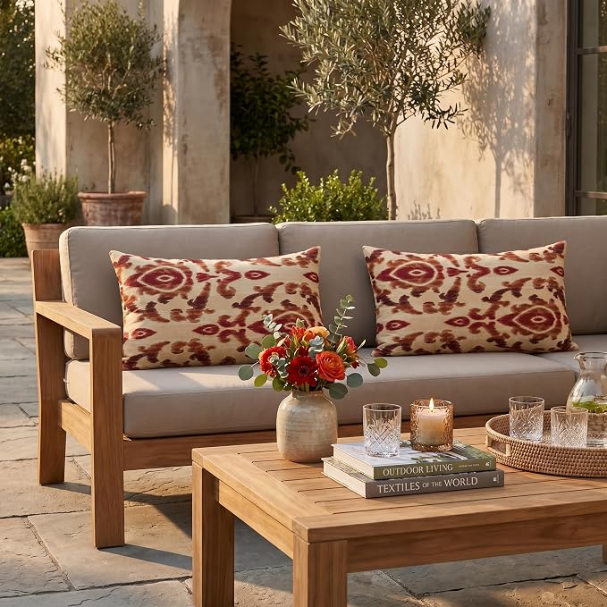 RSH DECOR: Sunbrella Lumbar Throw Pillows Set of 2 | 20" x 12" | Water and Fade-Resistant Performance Fabric | Outdoor Pillow Covers with Down-Alternative Inserts | Made in USA (Bukhara Russet)