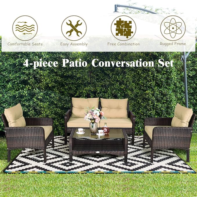 Tangkula 4 Piece Patio Furniture Set, Outdoor Wicker Conversation Set with Glass Top Coffee Table, All Weather Proof and Thick Cushions, Suitable for Porch, Garden, Poolside and Lawn (Brown)