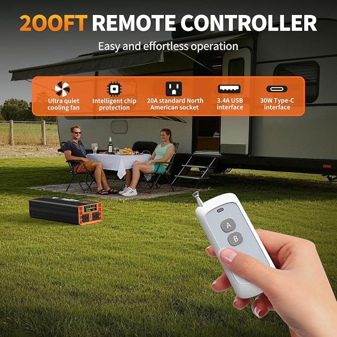 3000 Watt Power Inverter 12V DC to 120V/110V AC for Vehicles RV, Truck, Solar, Home, Off-Grid Car Converter Surge 6000W with 2 AC Outlet, USB-A Port, LCD Display, Remote Control and Cable Included