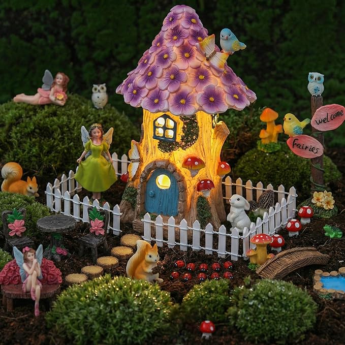 60 Pcs Solar Fairy Garden House Resin Kit | with Lighted Cottage Miniature Fairy Garden Accessories Set for Outdoor Patio Yard Planter Decor DIY Fairy Garden Kit (Fairy)