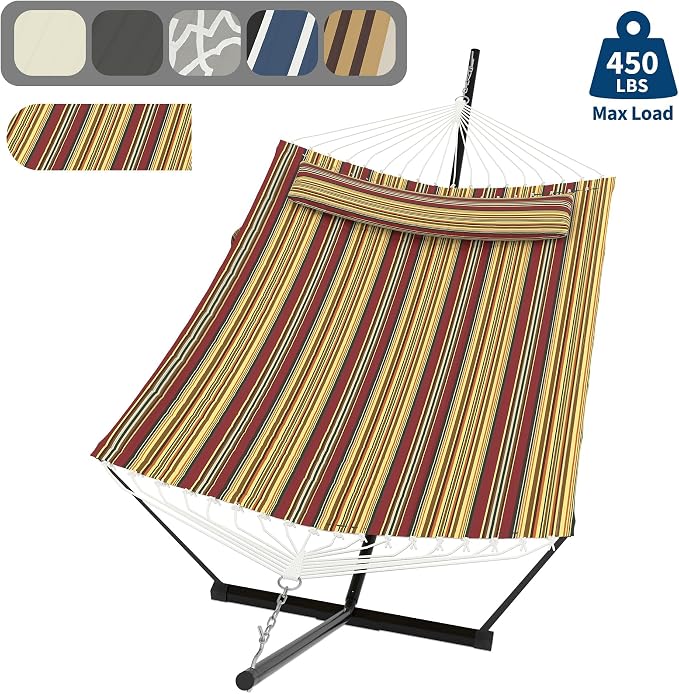 Hammock with Stand, Curved Steel Frame Outdoor Hammock for Outside Patio Backyard Porch Camping, Portable Freestanding Relaxing Hammock with Pillow, Red and Yellow Stripes