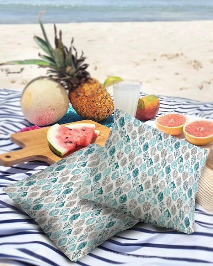 Outdoor Waterproof Throw Pillow Cover Farm Teal Grey Leaf Texture Decorative Pillows Cushion Covers Abstract Nature Boho Botanical 2 Pack Pillow Cases for Patio Garden Balcony Couch Sofa 16x16In