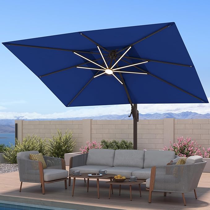 10x13 FT Patio Umbrella with LED Lights Cantilever Outdoor Large Heavy Duty Rectangle Aluminum Offset Umbrellas Double Top 360 Rotation 7 Tilt Adjustment for Pool Deck Garden, Navy