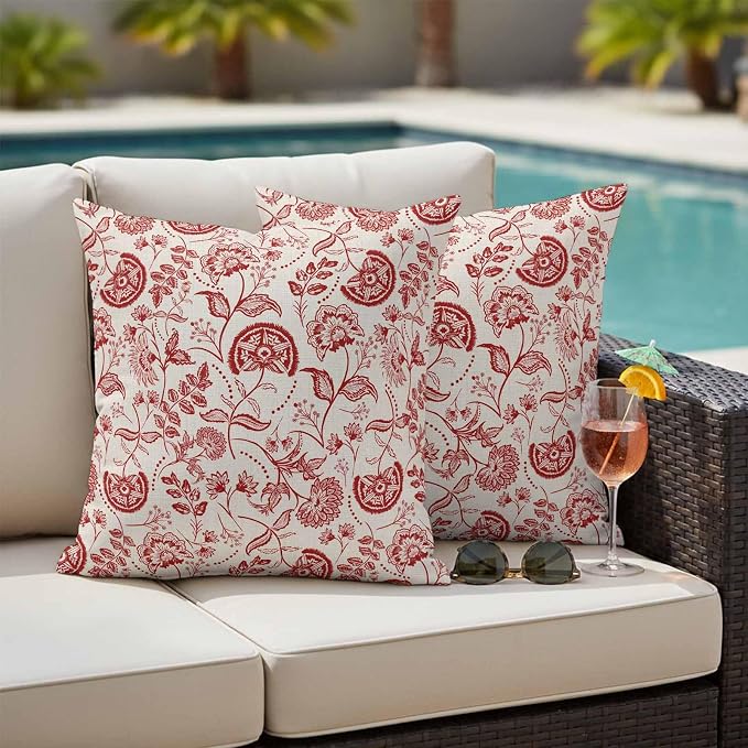Outdoor Pillow Covers 16x16 Set of 2, Red Spring Floral Waterproof Patio Throw Pillow Covers for Couch Sofa Chair, Summer Botanical Farmhouse Decorative Pillowcases for Throw Pillows