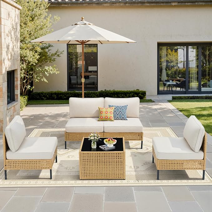Belord Outdoor Sectional Furniture 5-Piece, All-Weather Wicker Patio Sets with Coffee Table, Modern Patio Furniture for Backyard, Deck