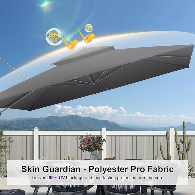 PURPLE LEAF 12 FT Cantilever Umbrella Outdoor Patio Umbrella, Large Offset Square Umbrella, Windproof Heavy Duty Hanging Outside Umbrellas for Patio, Graphite Grey