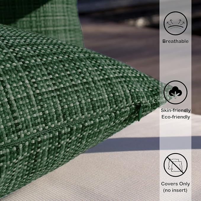 Kevin Textile Outdoor Waterproof 18"x18" Pillow Covers 2 Pack, Army Green | Water Resistant, Faux Linen Yarn-dyed, Woven Texture Throw Pillow Covers for Tent Patio Garden Couch Sofa
