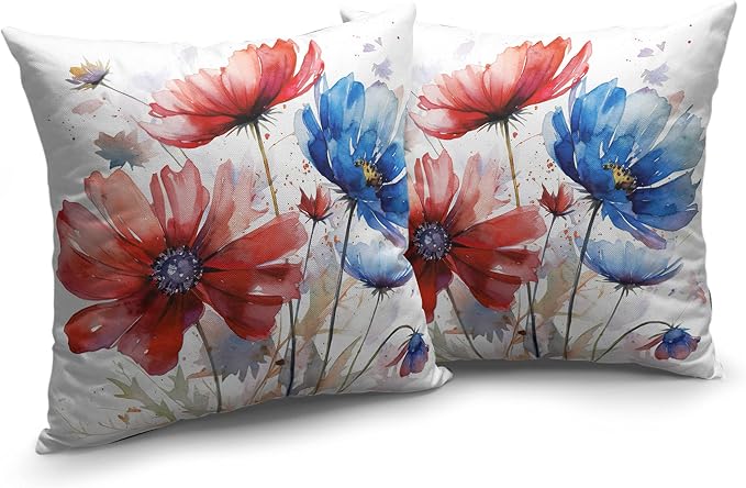 Watercolor Flower Outdoor Throw Pillow Covers 18x18 Set of 2 Red Blue Floral Pillow Covers Daisy Linen Square Farmhouse Pillowcase for Home Decor Couch Patio