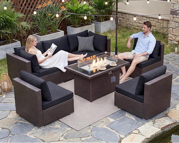 BULEXYARD 7-Piece Outdoor Patio Furniture Set with Propane/Natural Gas Fire Pit Table, High-Back Extra Large Backyard Sectional Couch Sofa, Cozy Wide Deep Seating Group, Brown Rattan & Black Cushion