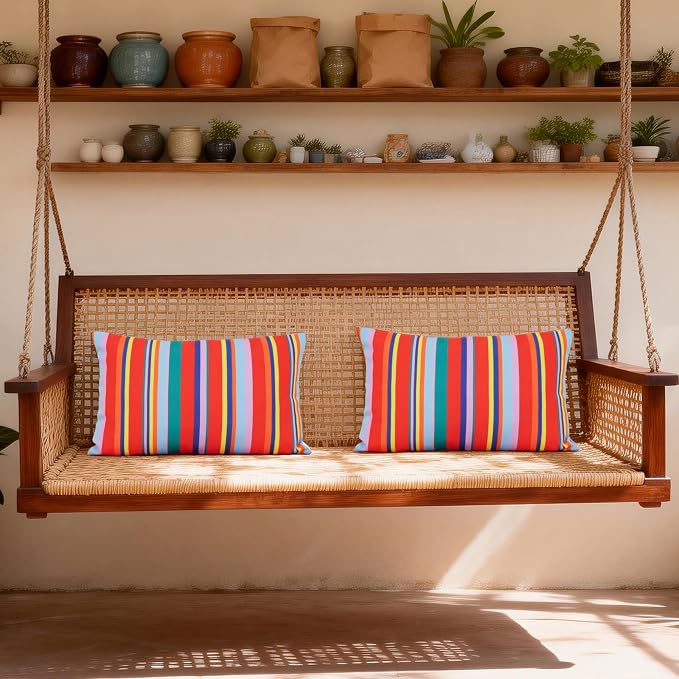 Eternal Beauty 12X20'' Set of 2 Outdoor Decorative Pillow Covers Waterproof Outdoor Pillow Covers for Spring Summer Patio Lumbar Pillows, Red Stripe, 12X20 inches