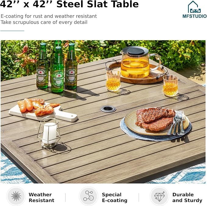 MFSTUDIO Patio Dining Set, 42" Square Wood-Look Table, Fixed Chairs | Umbrella Hole, Seats 4, All-Weather Use