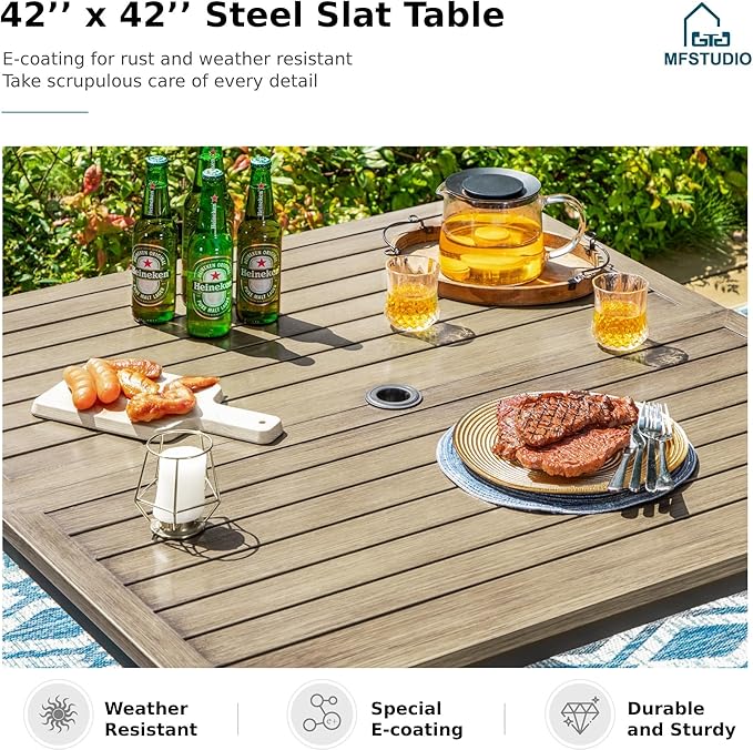 MFSTUDIO 5-Piece Patio Dining Set, Metal Chairs, Umbrella Hole, Beige | 42" Square Wood-Look Metal Table, Removable Cushions