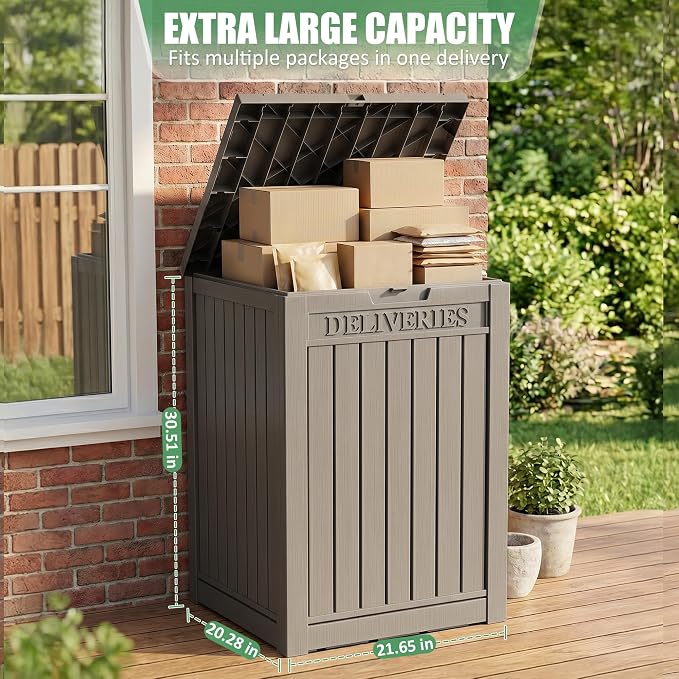 EasyUp Package Delivery Boxes for Outside, 55 Gallon Outdoor Storage Deck Box Parcel MailBox Drop Secure Resin Lockable UV Resistant Waterproof Mail Porch Patio Grey