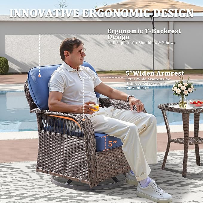 5 Piece Outdoor Patio Furniture Set with Fire Pit Table, Wicker Patio Conversation Set with 2 Swivel Rocker Chairs Rattan Sofa and Removable 5" Thick Cushions for Deck Backyard Blue