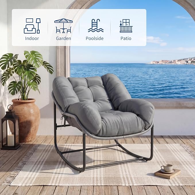 GarveeLife Outdoor Lounge Rocking Chair, Iron Frame Patio Rocker Chair with Cushion, Gray Relaxing Outdoor Chair for Patio and Backyard