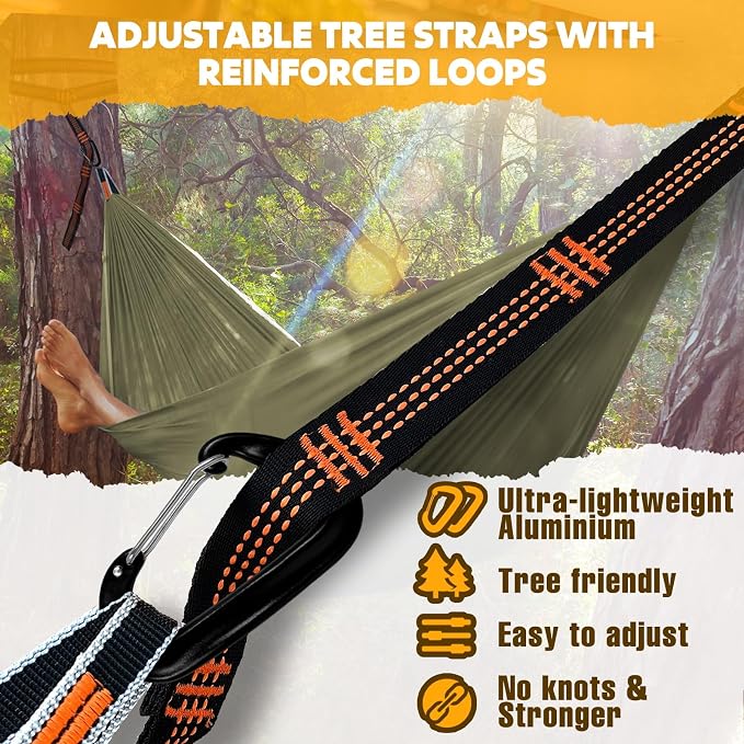 NATUREFUN Ultra-Light Travel Camping Hammock | 300kg Load Capacity,Breathable,Quick-Drying | 2 x Premium Carabiners,2 x Nylon Slings Included | Outdoor Indoor Garden