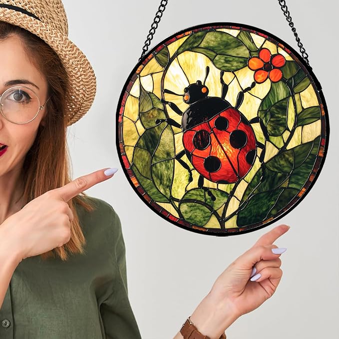 Stained Glass Window Hanging - Red Ladybug Green Plant Flower Sun Catcher for Door Home Decor Insect Suncatcher Christmas Mother's Day Birthday Gifts for Women Men Mom Nana 15 in
