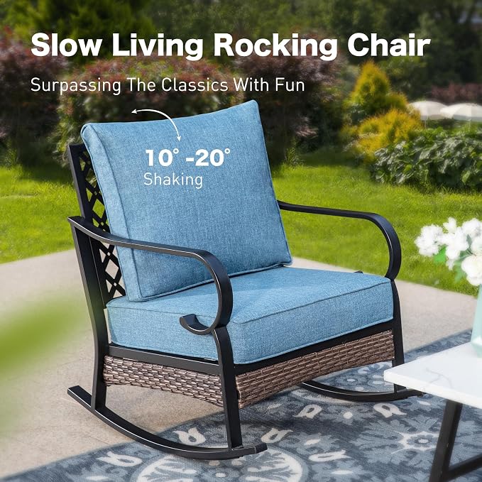 SUNSHINE VALLEY 6 Piece Metal Outdoor Patio Furniture Sets with Firepit Table, Patio Conversation Sets 1 3-Seater Sofa, 2 Leg Sofa and 2 Rocking Chair with 5.75" Cushion for Backyard Deck, Denim Blue