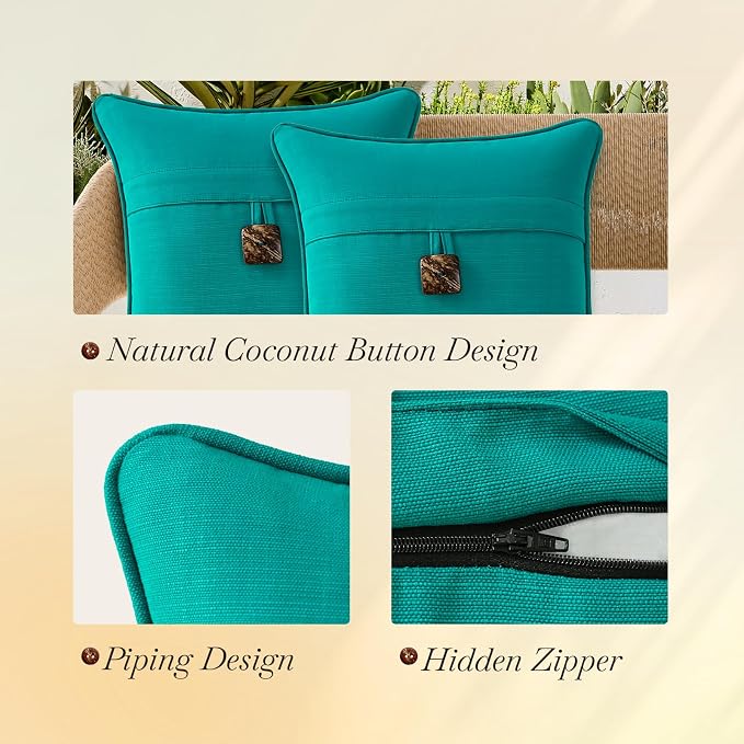 Outdoor Decorative Pillows with Coconut Button Pack of 4, 18" x 18" Outdoor Pillow Set for Couch Bed Throw Patio Sofa, Peacock Blue