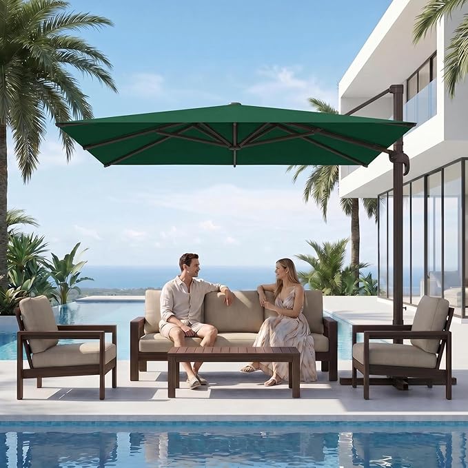 Kingdura 10' X 10' Cantilever Patio Umbrella with Base Included, Large Square Aluminum Outdoor Offset Umbrella with 360-degree Rotation, 4 Position Tilt, UV Protection for Pool Deck Garden Patio (Dark green)