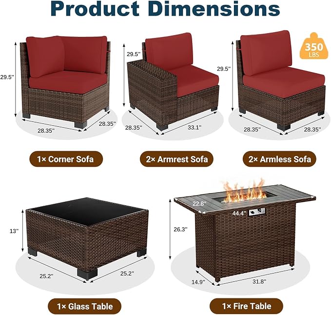 7 Piece Patio Furniture Set with Fire Pit Table, Outdoor Conversation Sets Wicker Rattan Sectional Sofa with Coffee Table for Patio Garden Backyard, 4'' Thickened Cushion Wine Red