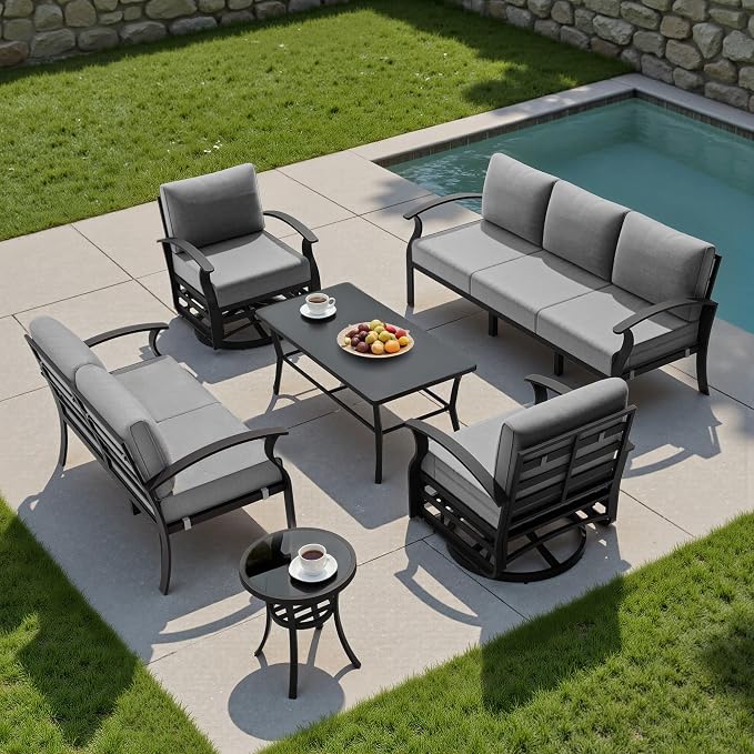 Kullavik Aluminum Patio Furniture Set,6 Piece Modern Metal Outdoor Patio Furniture w/5.1'' Thick Cushion,Swivel Chairs and Rectangular Coffee Table,Patio Conversation Sets for Porch,Deck,Grey