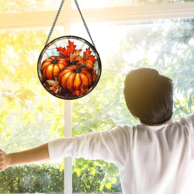 DASTOLL Stained Glass Window Hanging, Pumpkin Maple Leaf Suncatcher for Doors Home Sun Catchers Decoration and Christmas, Mother's Day Birthday Gifts for Women, Men, and Mom 6.3 in