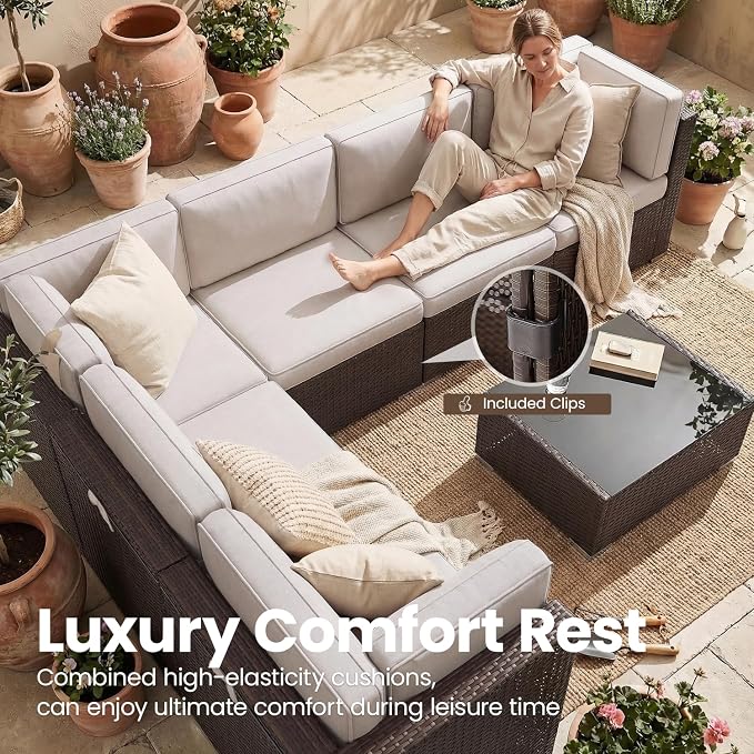 15 Pieces Patio Furniture Set with 44" Propane Gas Fire Pit Table, Outdoor Sectional Brown Rattan Wicker Conversation Sofa Sets with Coffee Table