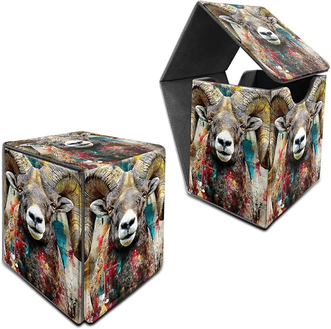 Brown Bighorn Sheep Card Deck Box for MTG, Personalized Card Storage Case Fits 120+ Sleeved Cards, Premium Leather TCG Box with Strong Magnetic Closure for Magic, CCG, PTCG, Baseball Cards