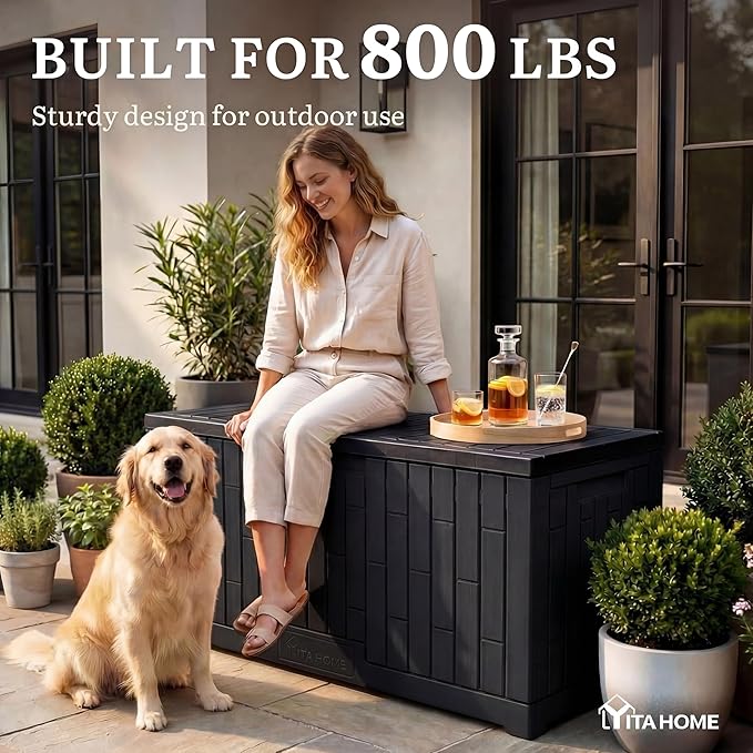 YITAHOME Large Deck Box 120 Gallon Resin Outdoor Storage Box with Slide-Locking Lid, Patio Storage Bin and Bench Seat for Outdoor Pillows, Garden Tools and Pool Supplies, Waterproof Lockable, Black