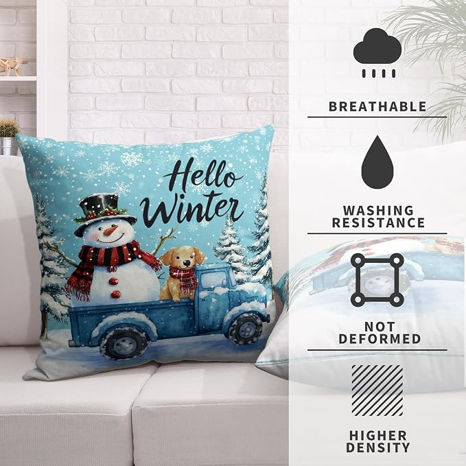 Blue Snowman Pillow Covers 20x20 Set of 2 Hello Winter Truck with Lovely Snowman Puppy Dog Throw Pillow Case Snowflakes Cushion Case for Holiday Decorations Couch Sofa