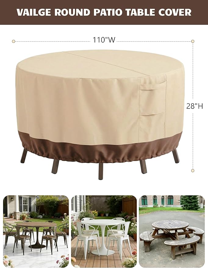 Vailge Round Patio Furniture Covers, 100% Waterproof Outdoor Table Chair Set Covers, Anti-Fading Cover for Outdoor Furniture Set, UV Resistant (Beige&brown, 110"DIAx28"H)