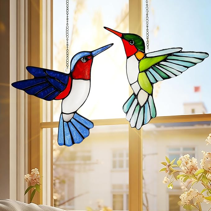 Hummingbirds Suncatcher Stained Glass, Hummingbird Suncatcher Ornament, Hummingbird Suncatcher for Grandma/Mom/Women (Green)