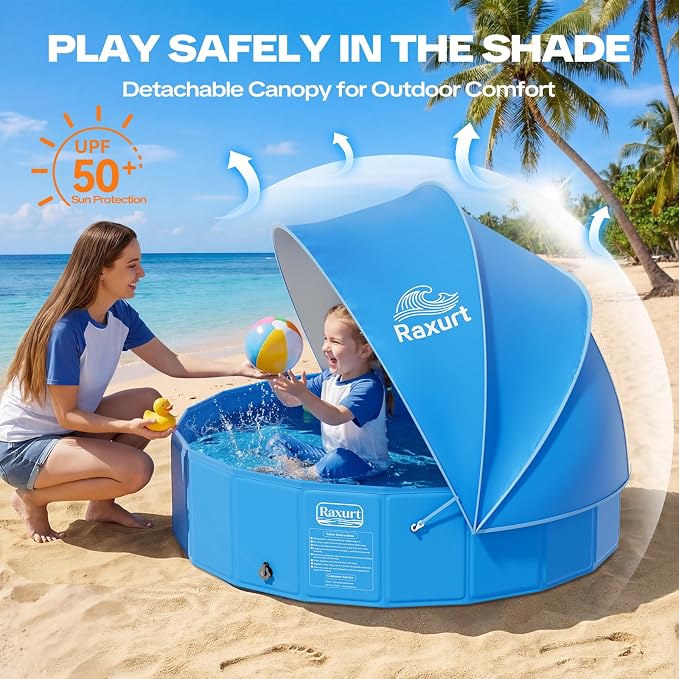 63in Kiddie Pool with Canopy - Large Foldable Toddler Pool with Detachable UPF 50+ Sunshade, Portable Non-Slip Kids Swimming Pool Collapsible Baby Pool for Outdoor Backyard Beach