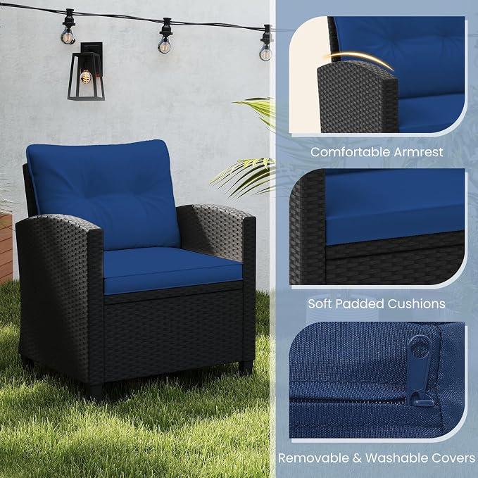 ORALNER 3 Pieces Patio Furniture Set, Wicker Conversation Set Outdoor Chairs with Cushions, Glass Coffee Table, Rattan Bistro Set for Front Porch Balcony Garden Deck Poolside (Navy)