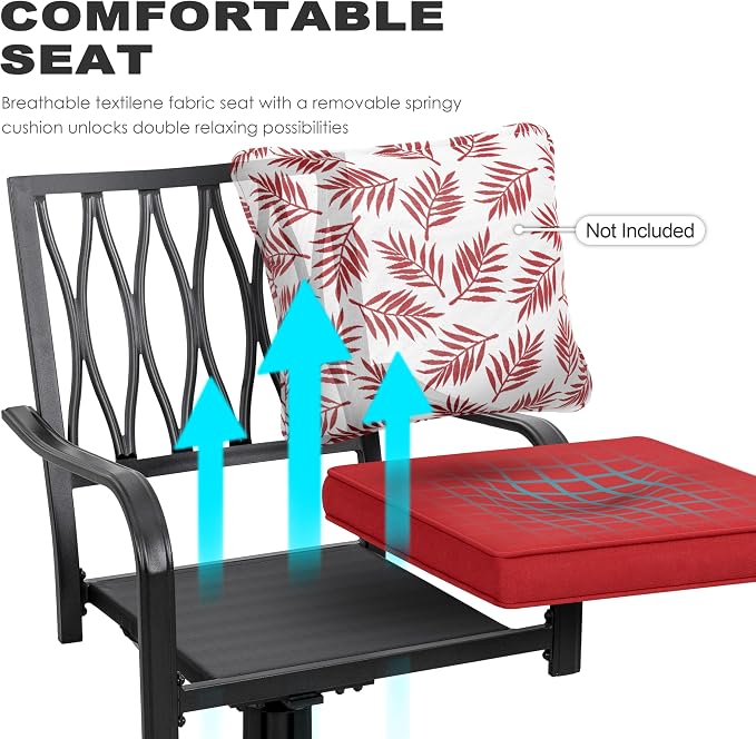 NUU GARDEN 7 Piece Outdoor Dining Set, Outdoor Furniture Set for Rectangle Iron Umbrella Dining Table and 6 Cushioned Swivel Chairs, Black and Red Cushion