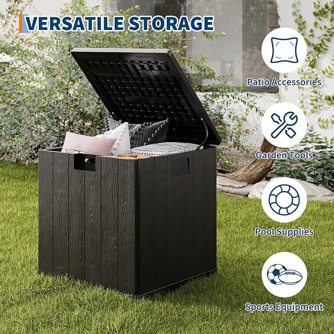 28 Gallon Outdoor Deck Box, Lockable Waterproof Outdoor Resin Box with Lid, Patio Storage Bin for Patio Furniture, Garden Tools, Pool Accessories - Brown