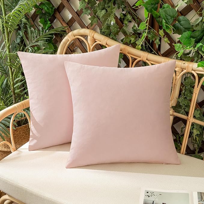 Outdoor Waterproof Throw Pillow Covers Light Pink 16x16 Set of 2 | Decorative Farmhouse Linen Pillowcases Solid Cushion Cases for Patio Tent Balcony Couch Sofa Living Room