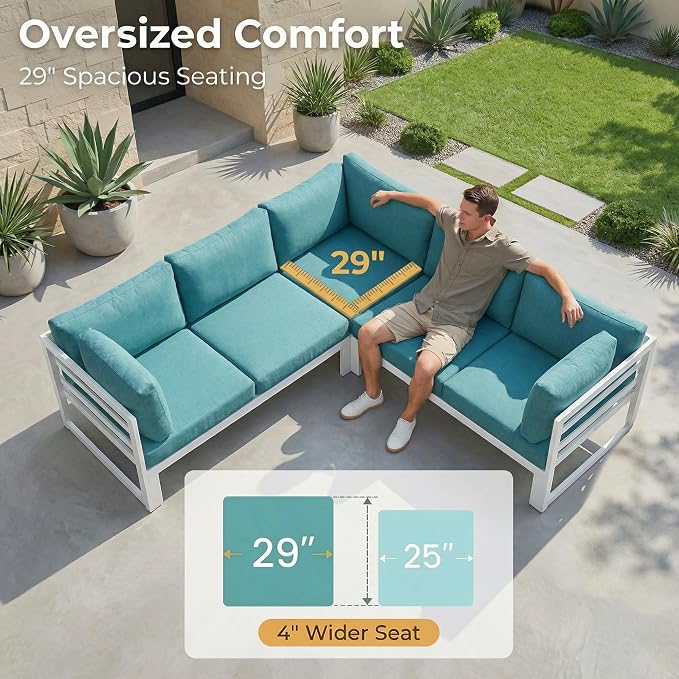 RADIATA 7 Pcs Large Aluminum Outdoor Patio Furniture Set with Rectangular Fire Pit Table, 29" Wide Deep Seat, Rust Proof Minimalist Sectional Sofa, 500 lbs Sturdy Backyard Conversation Set, Turquoise