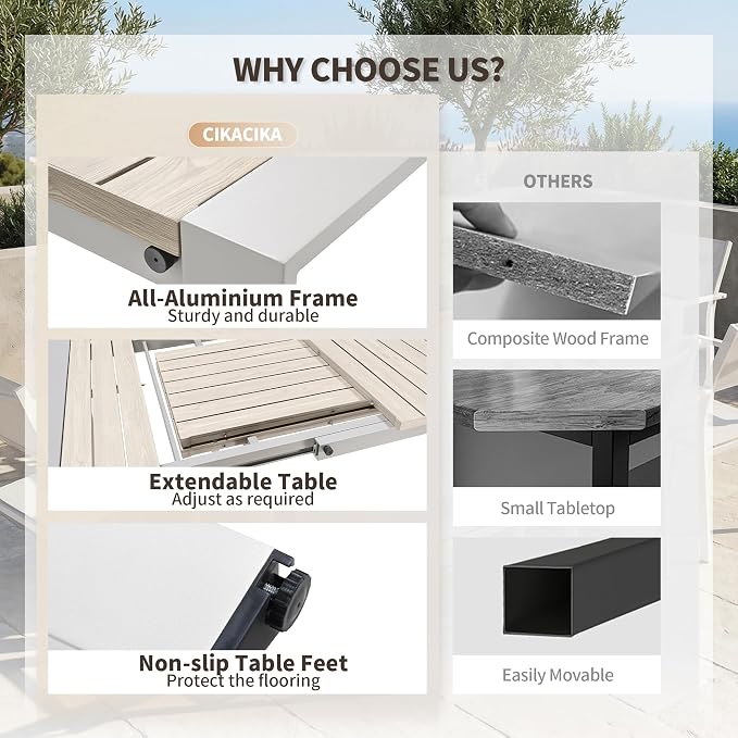 Outdoor Dining Table, Extendable Patio Dining Table for 6-10 People, Aluminum Frame with Wood-Grain Surface Drainage Design, All-Weather Expandable Dining Furniture Set for Garden Lawn Patio