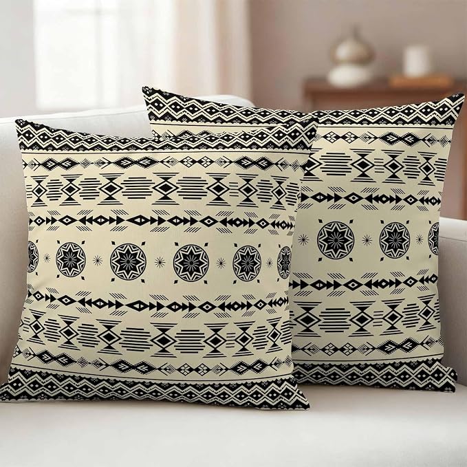Black Khaki Boho Outdoor Pillow Covers 26x26 Inch Throw Pillow Covers Set of 2 Waterproof Decorative Pillow Cases Vintage Ethnic Tribe Abstract Art Retro Cushion Covers for Patio Furniture Garden