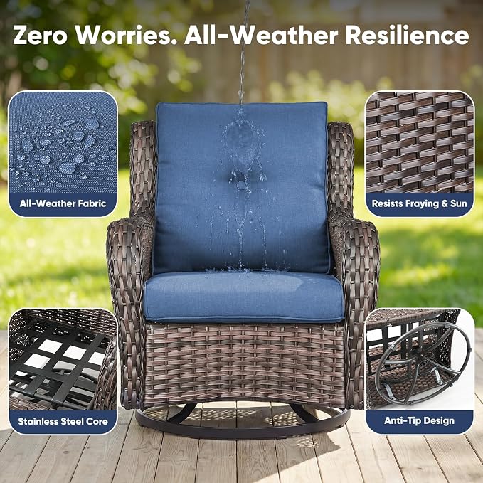 Belord Patio Furniture Set with Fire Pit Table,7 Piece Wicker Outdoor Furniture Set, Swivel Rocker Chairs with Ottomans and Sofa, All Weather Patio Conversation Set, for Pool,Yard,Brown Wicker/Blue
