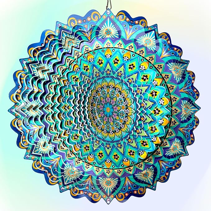 Wind Spinner Mandala Peacock Blue Ocean,12Inch Stainless Steel Wind Spinners Outdoor,Gifts for Women,Mother,Men,Father,Holidays,3D Kinetic Yard Art Decorations,Christmas Garden Decor