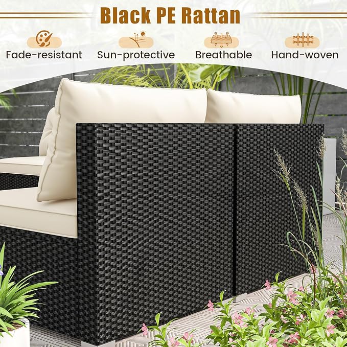 5 Pieces Patio Furniture Set, Outdoor Sectional Sofa with Acacia Wood Coffee Table & Cushions, Wicker Patio Conversation Set for Porch, Deck, Balcony, Poolside & Backyard (Off White)