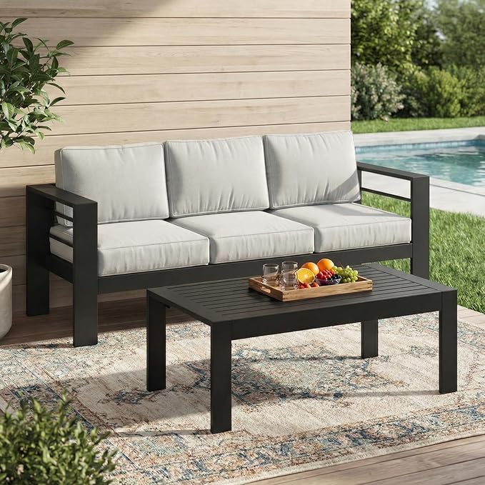 Solaste Aluminum Patio Furniture Set for All Weather, Oversized Metal Outdoor Furniture Set with 27.5" Deep Seating and Wide Armrest, Outdoor 3 Seat Sofa with 10" Back Suport Cushion，Black and Gray