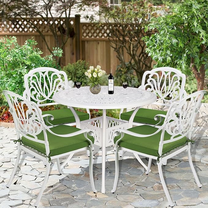 5-Piece Outdoor Patio Dining Set, All-Weather Cast Aluminum Patio Furniture Set for Backyard Garden Deck with 4 Chairs, 4 Cushions and 35.4” Round Table, 2.2" Umbrella Hole, White