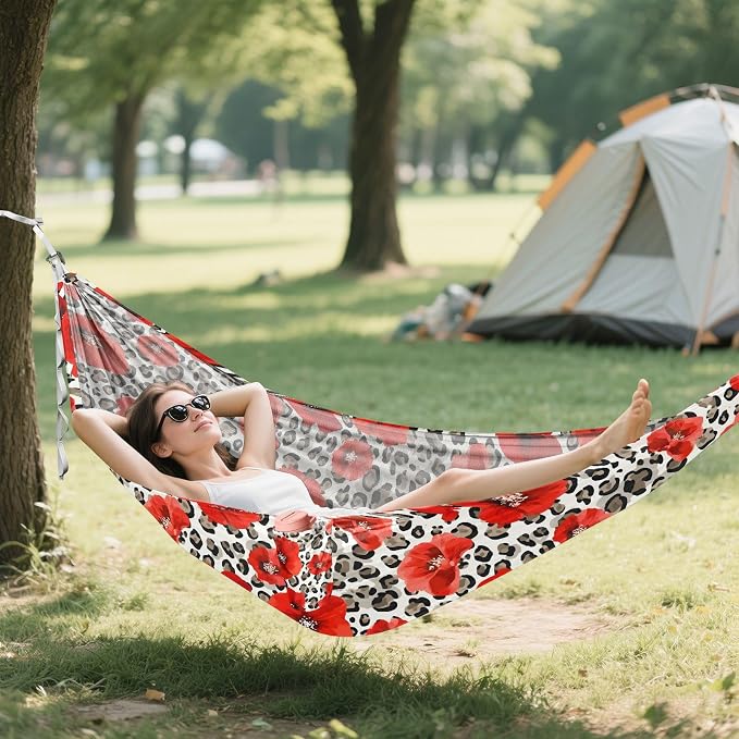 Camping Hammock Outdoor Hammocks for Outside Red Poppy Leopard Cheetah Beach Trees Portable Lightweight with Pockets Tree Straps Indoor