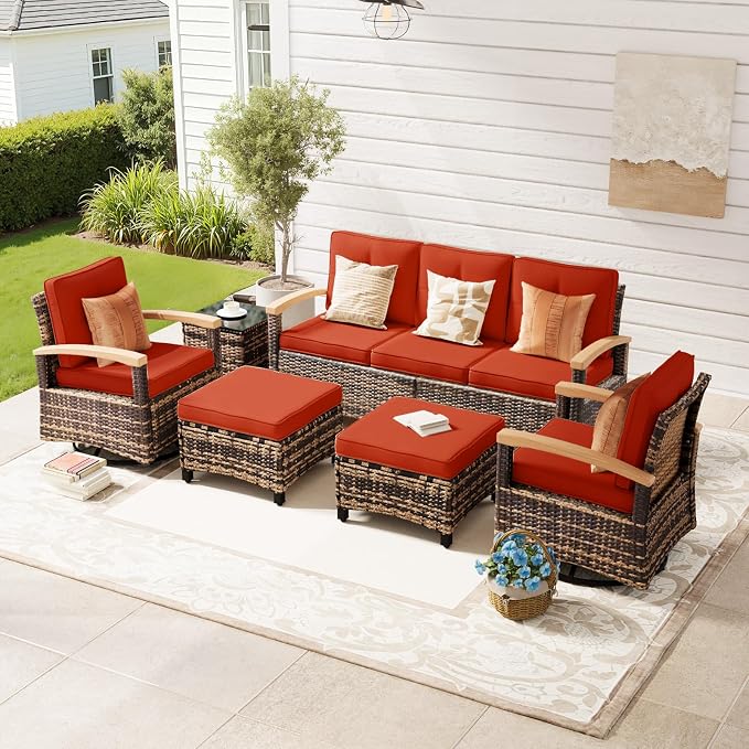 MEISSALIVVE 6 Pieces Patio Furniture Sets,Wicker Patio Conversation Sets with 2 Wood Armrests Swivel Glide Chairs, 2 Ottomans for Deck Yard and Poolside (Red)