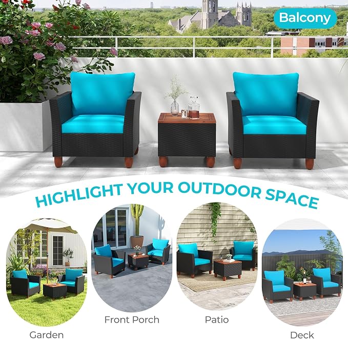 ORALNER 3 Pieces Patio Furniture Set, Outdoor Wicker Conversation Chairs with Cushion, Acacia Coffee Table, Rattan Bistro Set for Balcony Garden Backyard Front Porch Poolside (Turquoise)